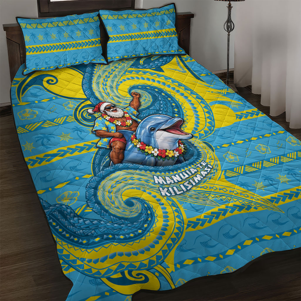 Tuvalu Christmas Quilt Bed Set Santa Riding Ocean Dolphin DT05 Blue - Polynesian Pride