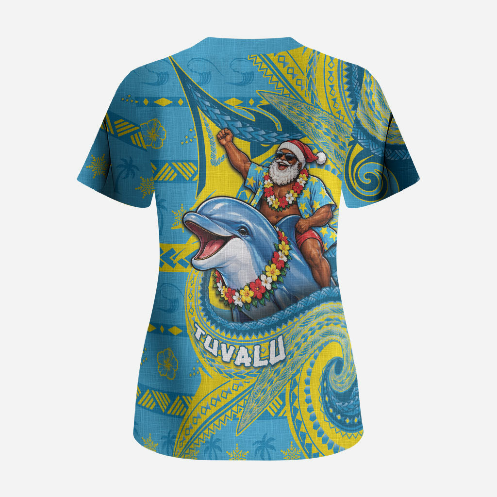 Tuvalu Christmas Scrub Top Santa Riding Ocean Dolphin DT05 - Polynesian Pride