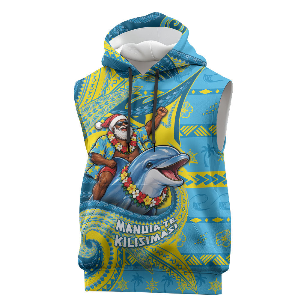 Tuvalu Christmas Sleeveless Hoodie Santa Riding Ocean Dolphin DT05 Blue - Polynesian Pride