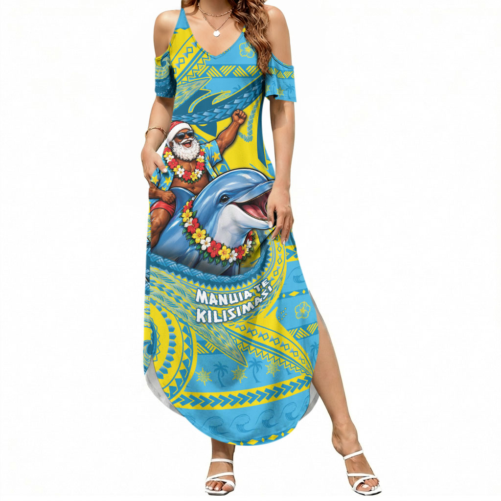 Tuvalu Christmas Summer Maxi Dress Santa Riding Ocean Dolphin DT05 Women Blue - Polynesian Pride