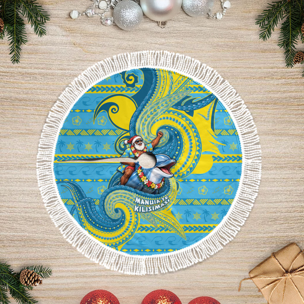 Tuvalu Christmas Tree Skirt Santa Riding Ocean Dolphin DT05 Fringed Blue - Polynesian Pride