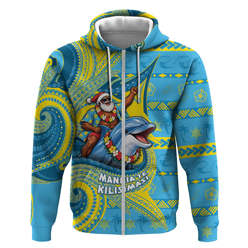 Tuvalu Christmas Zip Hoodie Santa Riding Ocean Dolphin DT05 Zip Hoodie Blue - Polynesian Pride