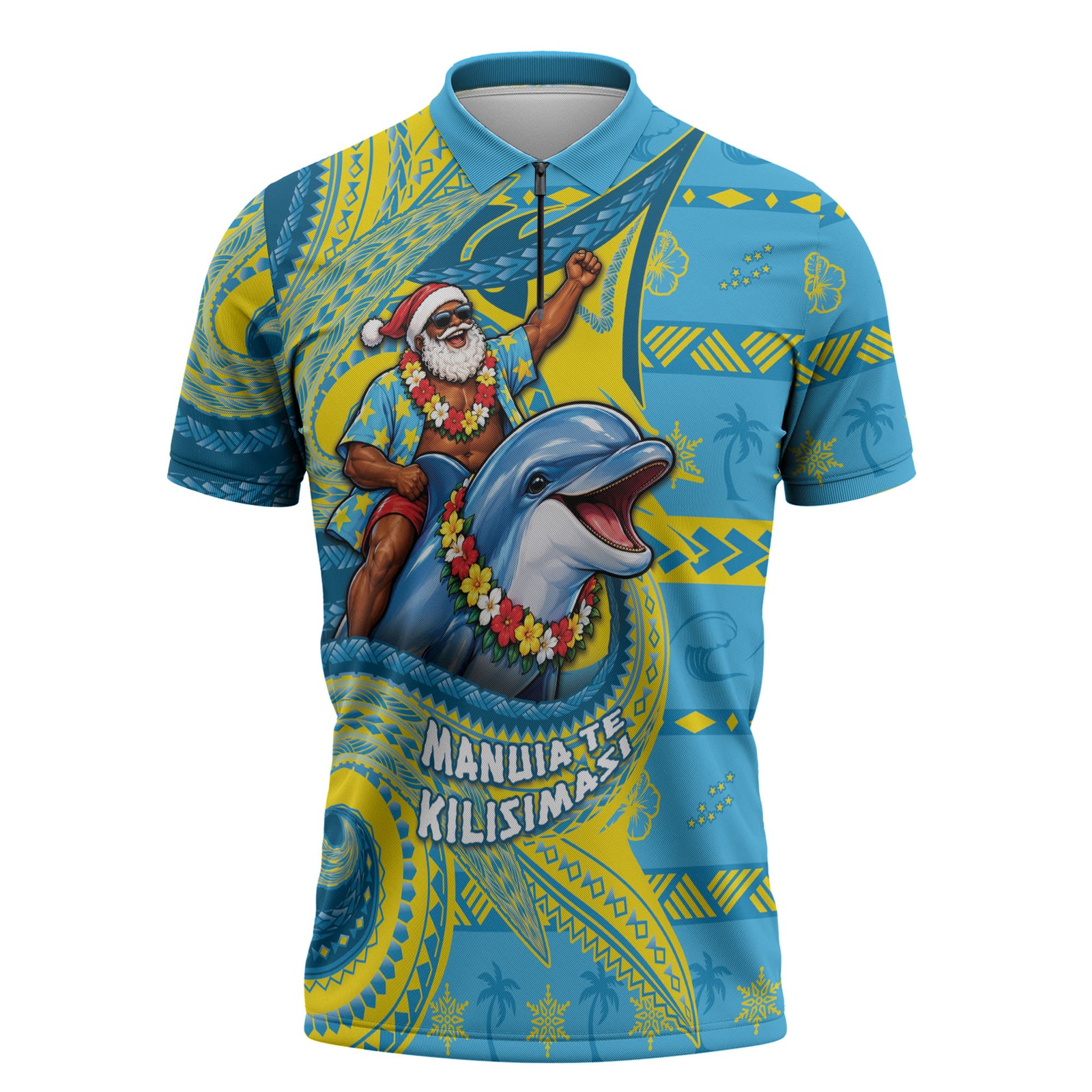 Tuvalu Christmas Zipper Polo Shirt Santa Riding Ocean Dolphin DT05 Blue - Polynesian Pride