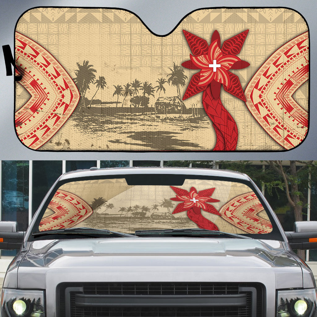 Tonga Language Week Auto Sun Shade Tribal Cross Ngatu Floral Pattern DT05 Red - Polynesian Pride