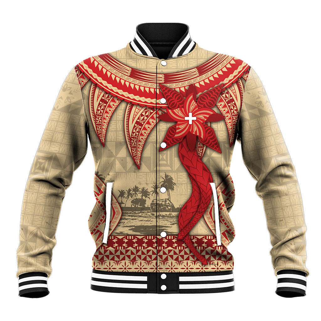 Tonga Language Week Baseball Jacket Tribal Cross Ngatu Floral Pattern DT05 Unisex Red - Polynesian Pride