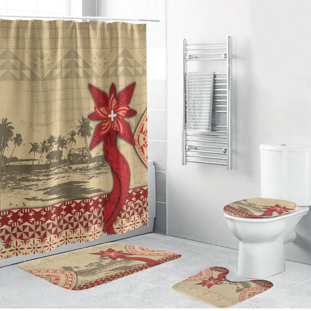 Tonga Language Week Bathroom Set Tribal Cross Ngatu Floral Pattern DT05 Bathroom Set (4 pcs) Red - Polynesian Pride