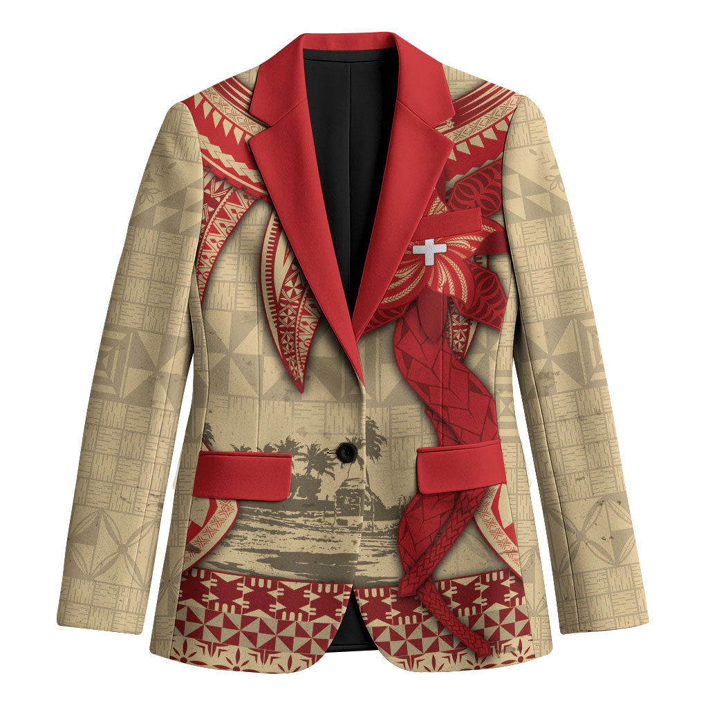 Tonga Language Week Blazer Tribal Cross Ngatu Floral Pattern DT05 Unisex Red - Polynesian Pride