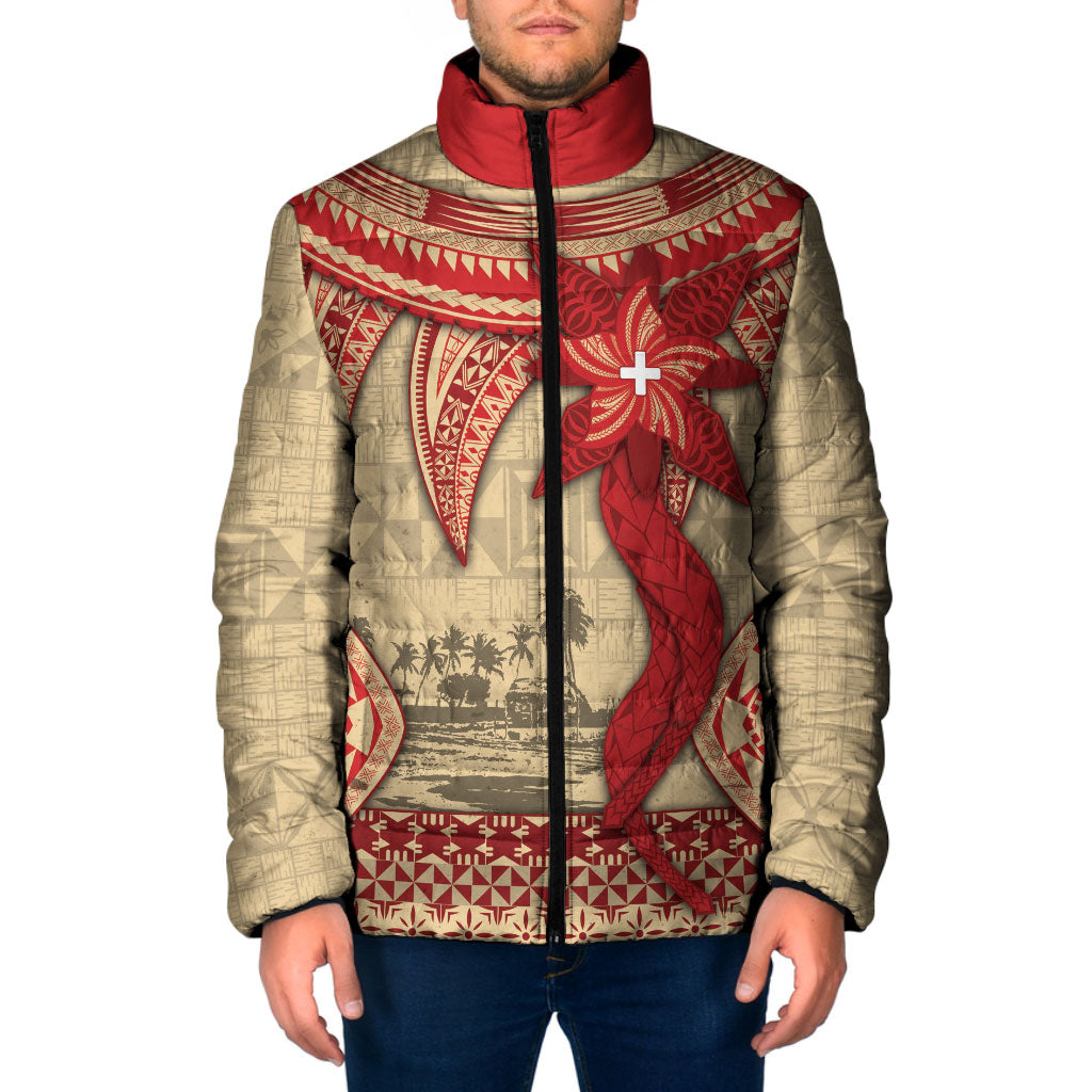 Tonga Language Week Padded Jacket Tribal Cross Ngatu Floral Pattern DT05 Men Red - Polynesian Pride