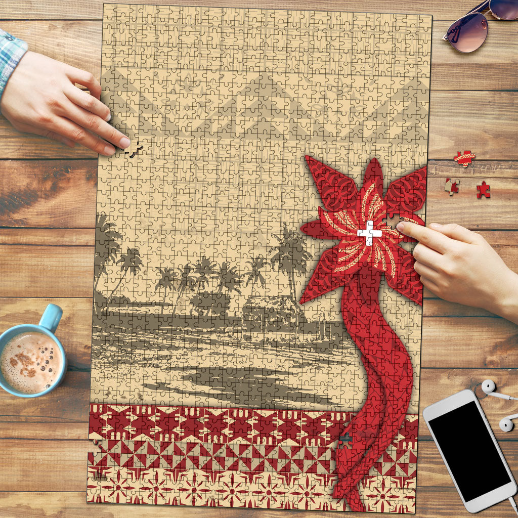 Tonga Language Week Puzzle Tribal Cross Ngatu Floral Pattern DT05 Red - Polynesian Pride