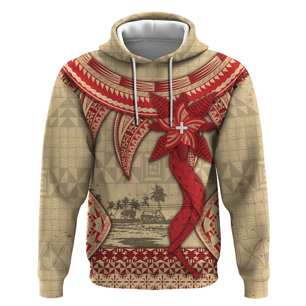 Tonga Language Week Zip Hoodie Tribal Cross Ngatu Floral Pattern DT05 Pullover Hoodie Red - Polynesian Pride