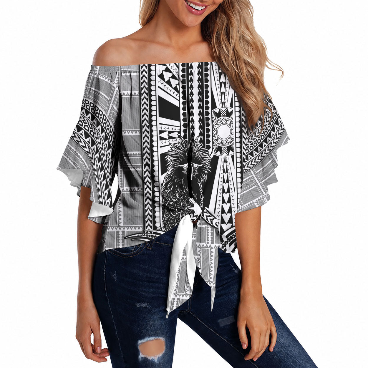 Mabuhay Philippines Festival Off Shoulder Wrap Waist Top Philippine Eagle Sun Three Stars Barong Pattern DT05 Gray - Polynesian Pride