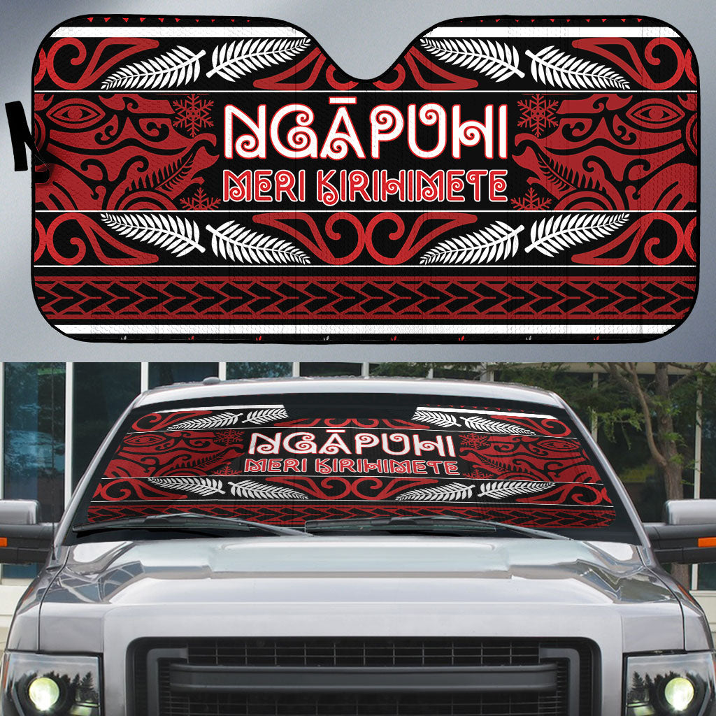 Ngapuhi Aotearoa Meri Kirihimete Auto Sun Shade Maori Silver Fern Koru Tribal Pattern DT05 Red - Polynesian Pride