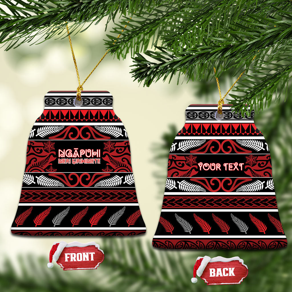 Personalised Ngapuhi Aotearoa Meri Kirihimete Ceramic Ornament Maori Silver Fern Koru Tribal Pattern DT05 Bell Flake Red - Polynesian Pride