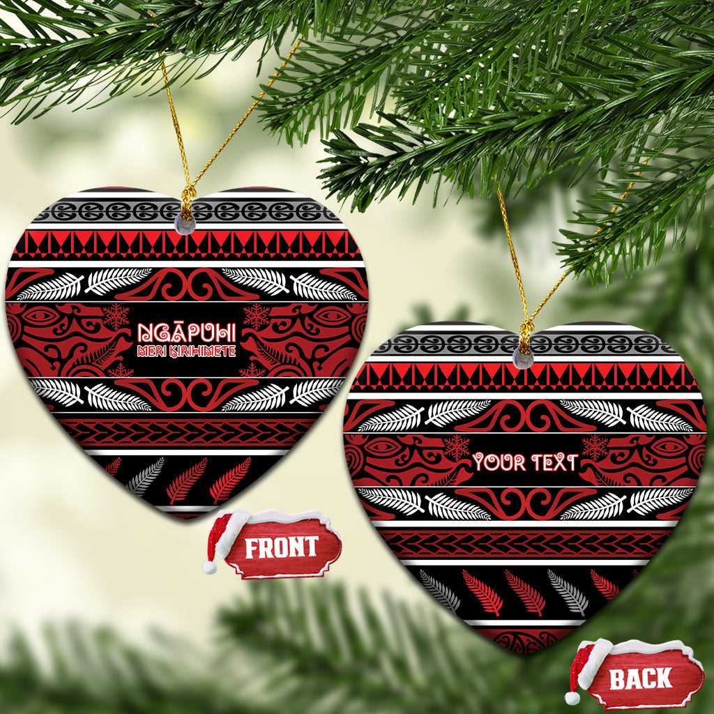Personalised Ngapuhi Aotearoa Meri Kirihimete Ceramic Ornament Maori Silver Fern Koru Tribal Pattern DT05 Heart Red - Polynesian Pride