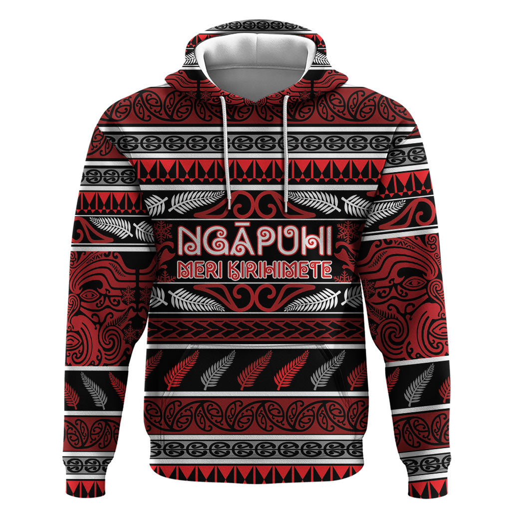 Personalised Ngapuhi Aotearoa Meri Kirihimete Hoodie Maori Silver Fern Koru Tribal Pattern DT05 Pullover Hoodie Red - Polynesian Pride