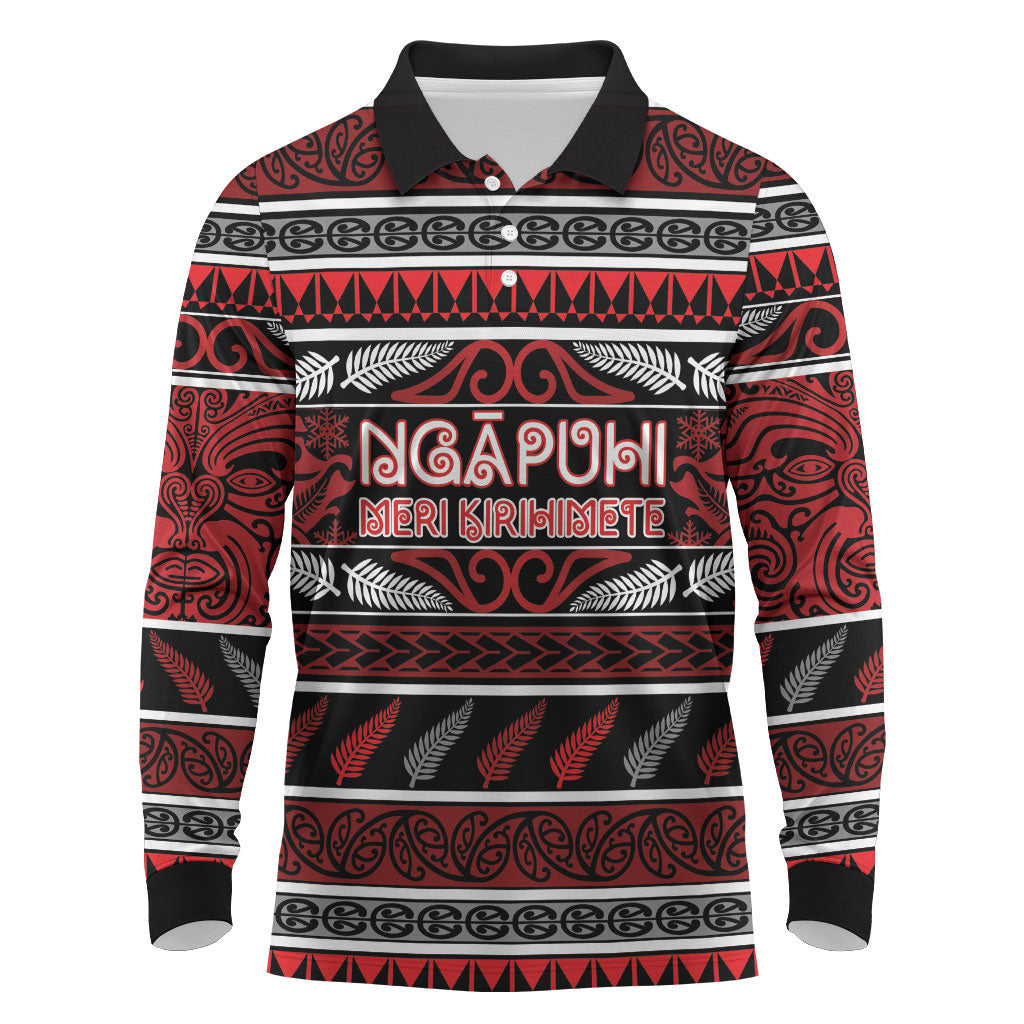 Personalised Ngapuhi Aotearoa Meri Kirihimete Long Sleeve Polo Shirt Maori Silver Fern Koru Tribal Pattern DT05 Red - Polynesian Pride