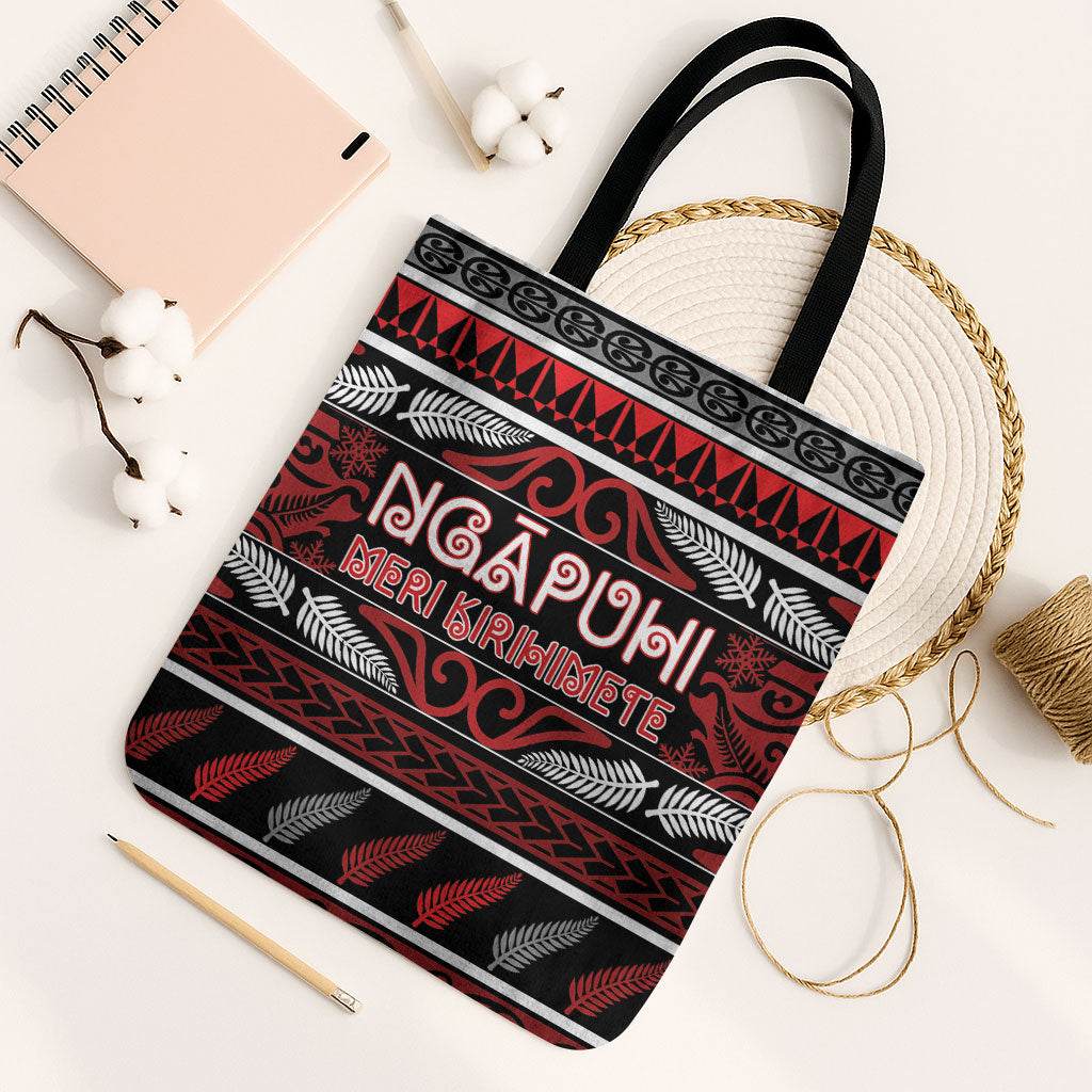 Ngapuhi Aotearoa Meri Kirihimete Tote Bag Maori Silver Fern Koru Tribal Pattern DT05 Black Strap One Size Red - Polynesian Pride