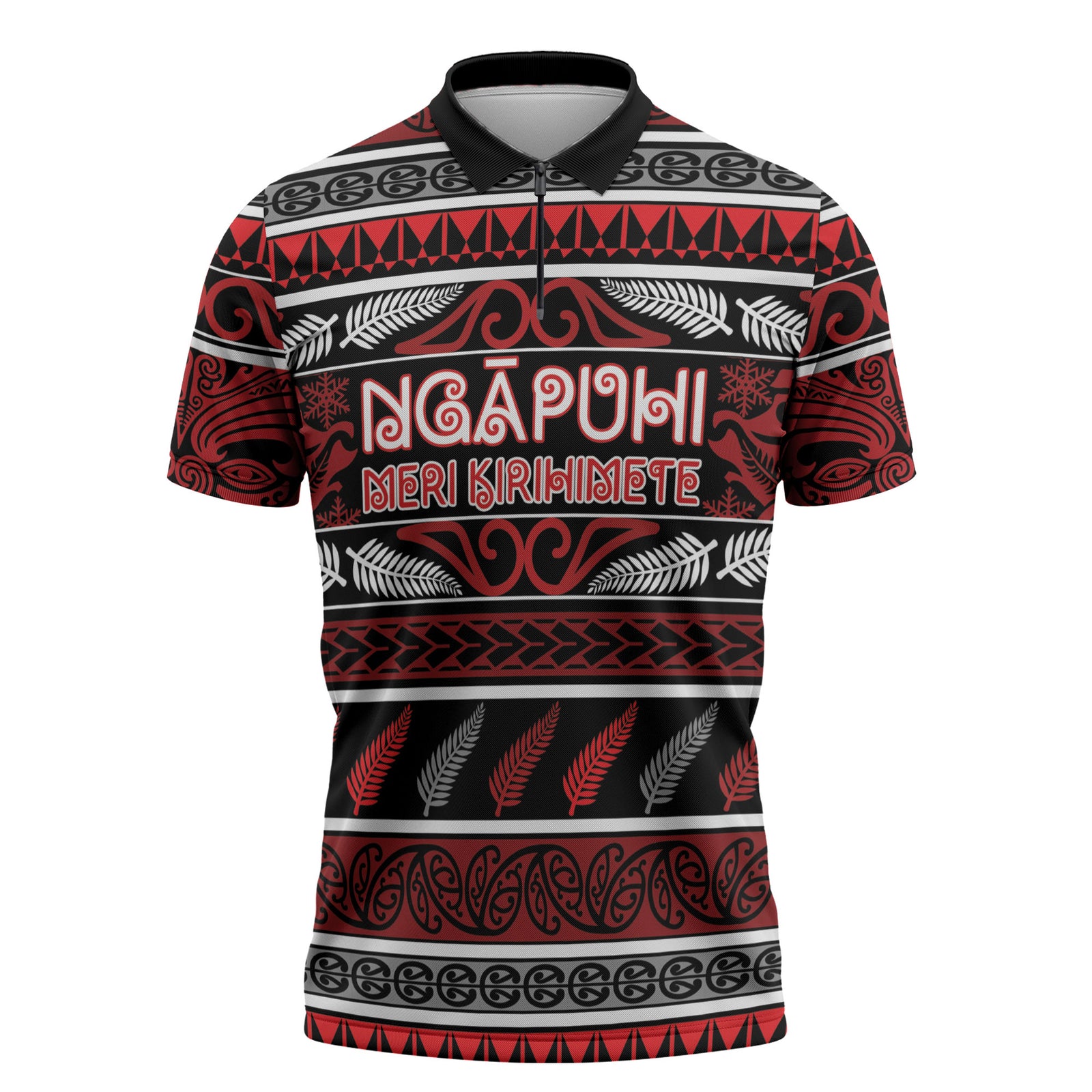 Personalised Ngapuhi Aotearoa Meri Kirihimete Zipper Polo Shirt Maori Silver Fern Koru Tribal Pattern DT05 Red - Polynesian Pride