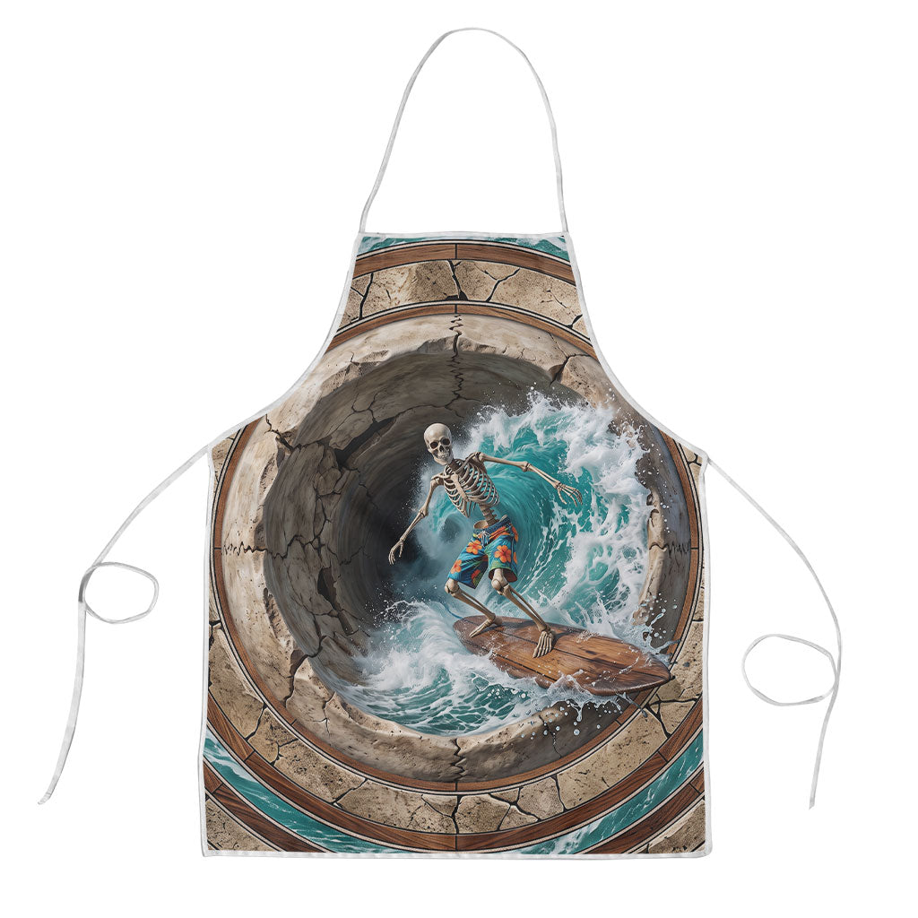 3D Illusion Surfing Skeleton Halloween Apron Surfboard Bones Ocean Wave Stone Well DT05 Gray - Polynesian Pride