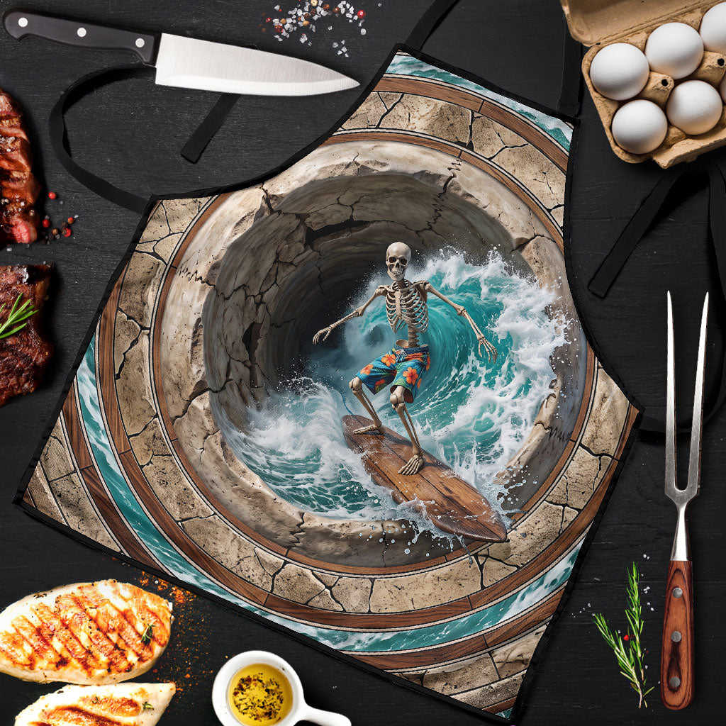 3D Illusion Surfing Skeleton Halloween Apron Surfboard Bones Ocean Wave Stone Well