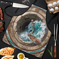 3D Illusion Surfing Skeleton Halloween Apron Surfboard Bones Ocean Wave Stone Well