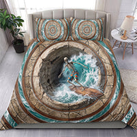 3D Illusion Surfing Skeleton Halloween Bedding Set Surfboard Bones Ocean Wave Stone Well