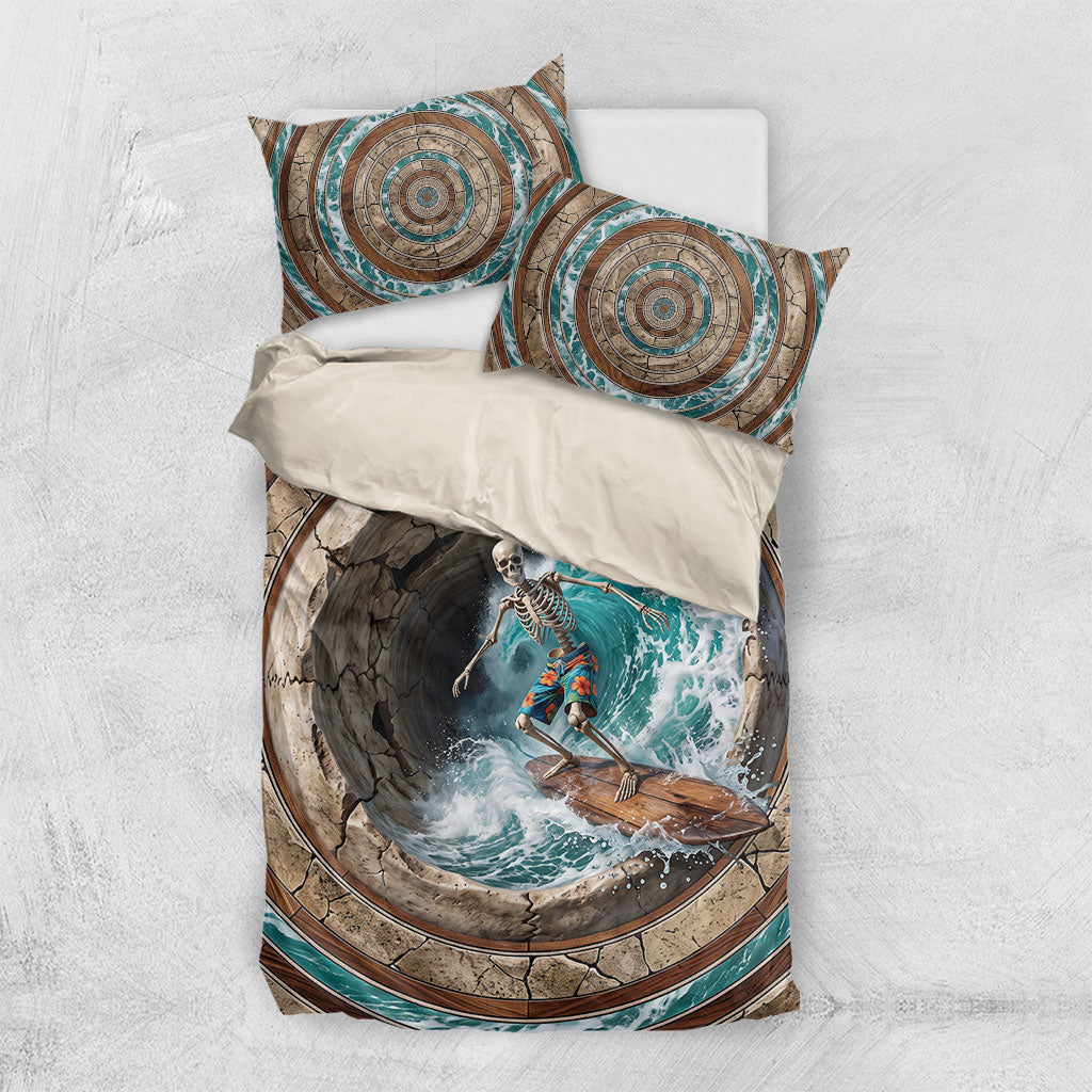 3D Illusion Surfing Skeleton Halloween Bedding Set Surfboard Bones Ocean Wave Stone Well
