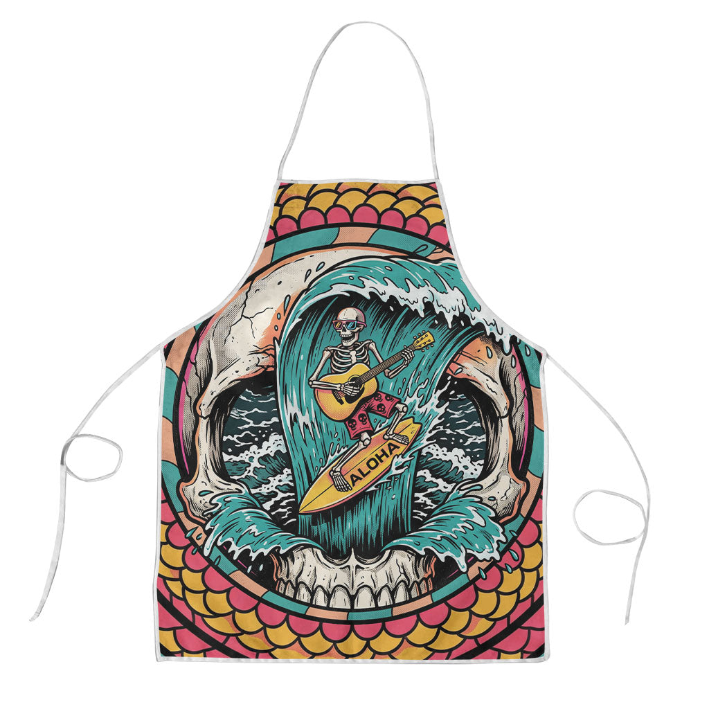3D Illusion Surfing Skull Aloha Halloween Apron Tropical Guitarist Bones Wave DT05 Blue - Polynesian Pride