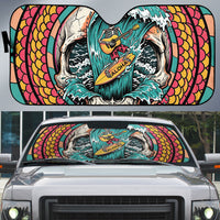 3D Illusion Surfing Skull Aloha Halloween Auto Sun Shade Tropical Guitarist Bones Wave DT05 Blue - Polynesian Pride