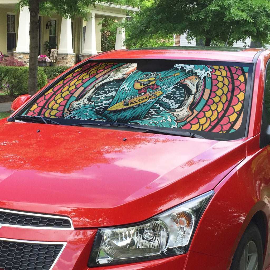 3D Illusion Surfing Skull Aloha Halloween Auto Sun Shade Tropical Guitarist Bones Wave DT05 - Polynesian Pride