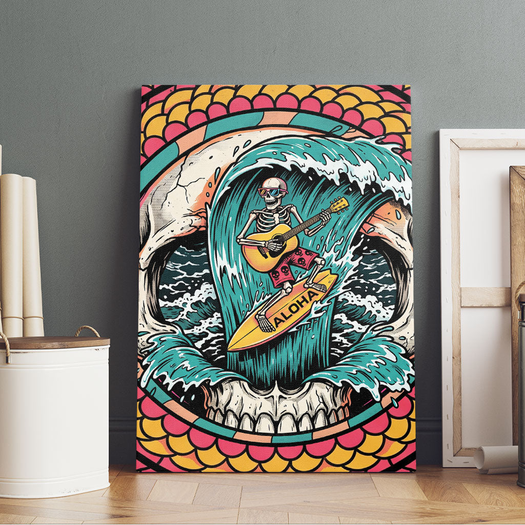 3D Illusion Surfing Skull Aloha Halloween Canvas Wall Art Tropical Guitarist Bones Wave DT05 - Polynesian Pride