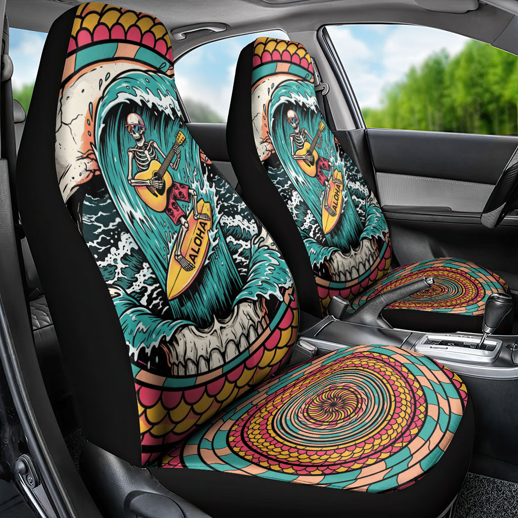 3D Illusion Surfing Skull Aloha Halloween Car Seat Cover Tropical Guitarist Bones Wave DT05 - Polynesian Pride