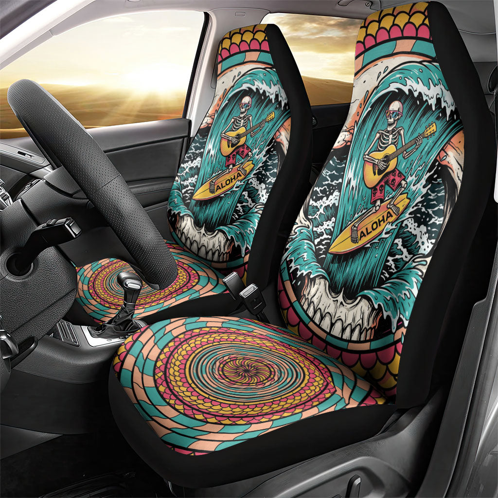 3D Illusion Surfing Skull Aloha Halloween Car Seat Cover Tropical Guitarist Bones Wave DT05 - Polynesian Pride