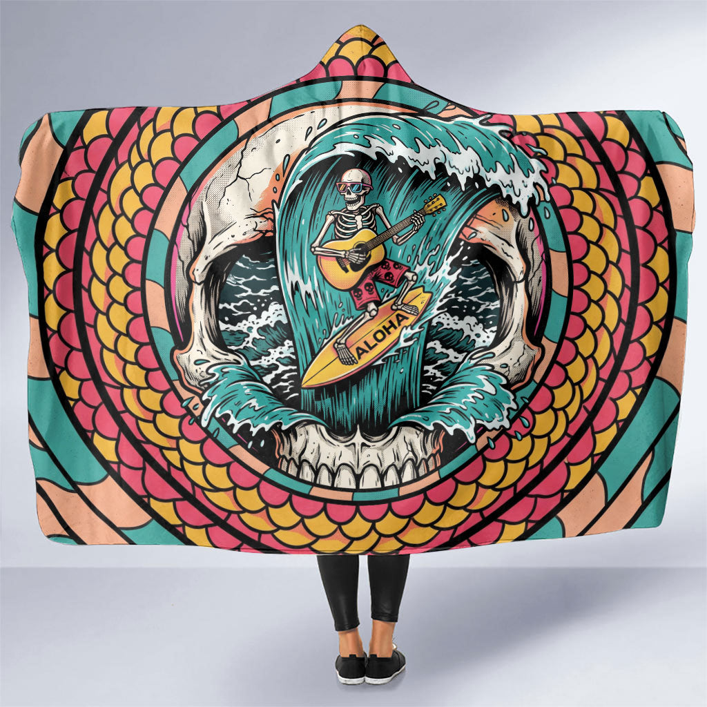 3D Illusion Surfing Skull Aloha Halloween Hooded Blanket Tropical Guitarist Bones Wave DT05 One Size Blue - Polynesian Pride