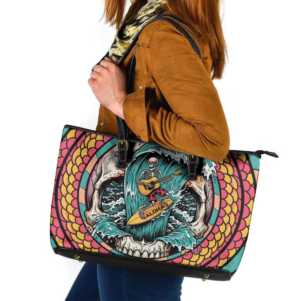 3D Illusion Surfing Skull Aloha Halloween Leather Tote Bag Tropical Guitarist Bones Wave DT05 Blue - Polynesian Pride