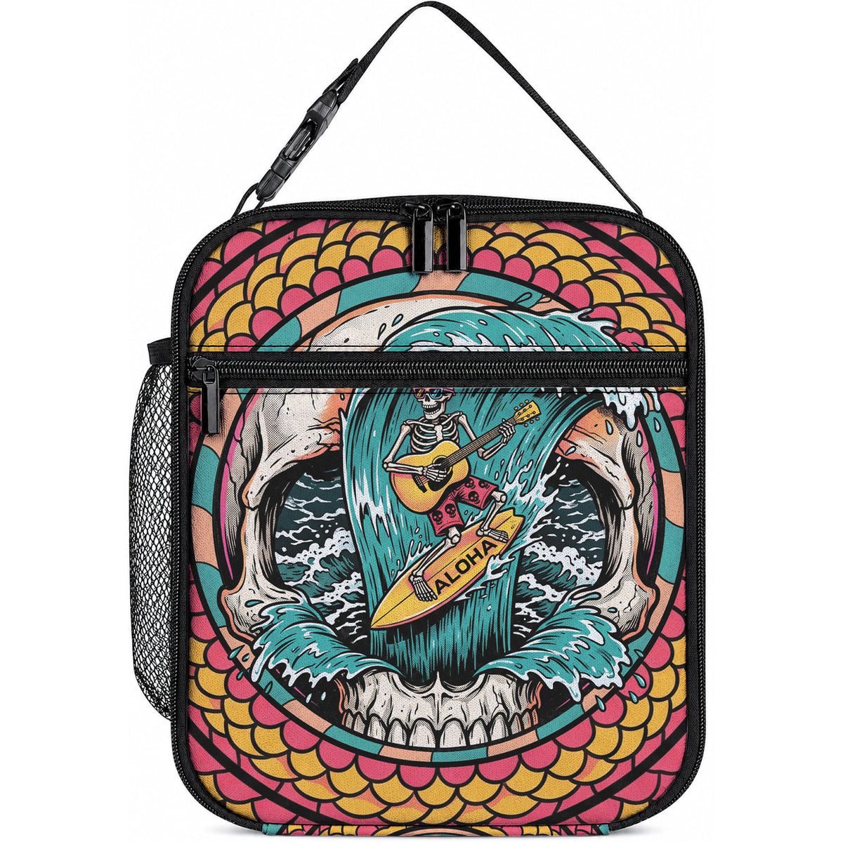 3D Illusion Surfing Skull Aloha Halloween Lunch Bag Tropical Guitarist Bones Wave DT05 10.2 × 8.3 × 4.3 inch Blue - Polynesian Pride