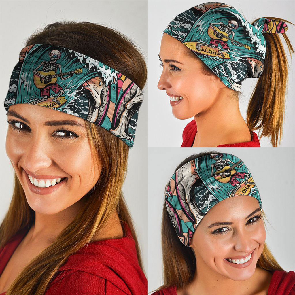 3D Illusion Surfing Skull Aloha Halloween Neck Gaiter Tropical Guitarist Bones Wave DT05 - Polynesian Pride