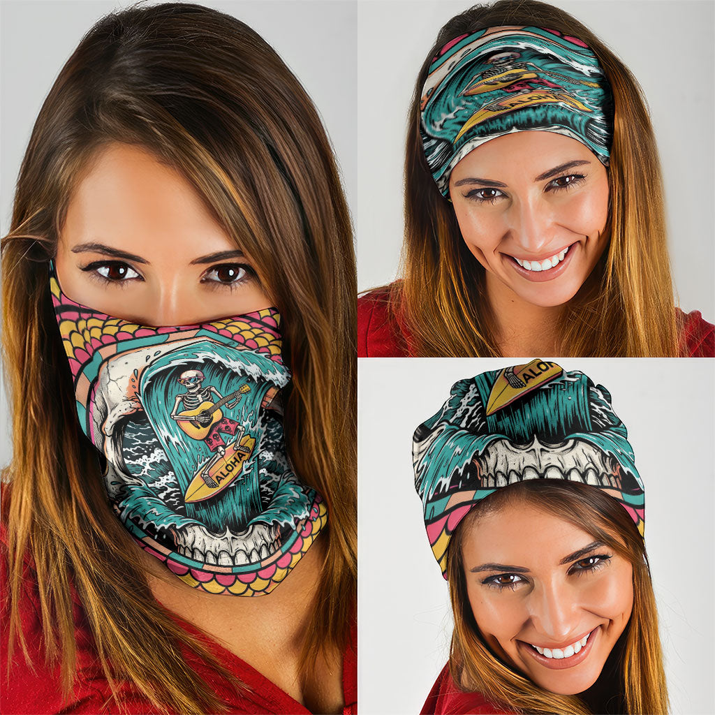 3D Illusion Surfing Skull Aloha Halloween Neck Gaiter Tropical Guitarist Bones Wave DT05 - Polynesian Pride