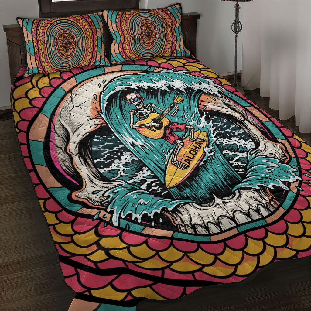 3D Illusion Surfing Skull Aloha Halloween Quilt Bed Set Tropical Guitarist Bones Wave DT05 Blue - Polynesian Pride