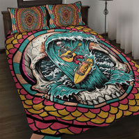 3D Illusion Surfing Skull Aloha Halloween Quilt Bed Set Tropical Guitarist Bones Wave DT05 Blue - Polynesian Pride