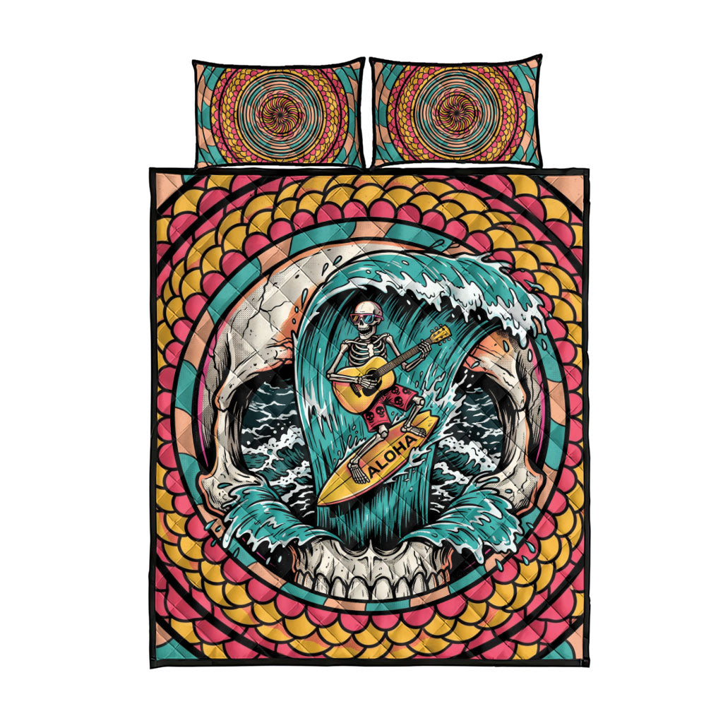 3D Illusion Surfing Skull Aloha Halloween Quilt Bed Set Tropical Guitarist Bones Wave DT05 - Polynesian Pride