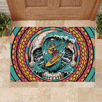 3D Illusion Surfing Skull Aloha Halloween Rubber Doormat Tropical Guitarist Bones Wave DT05 Blue - Polynesian Pride