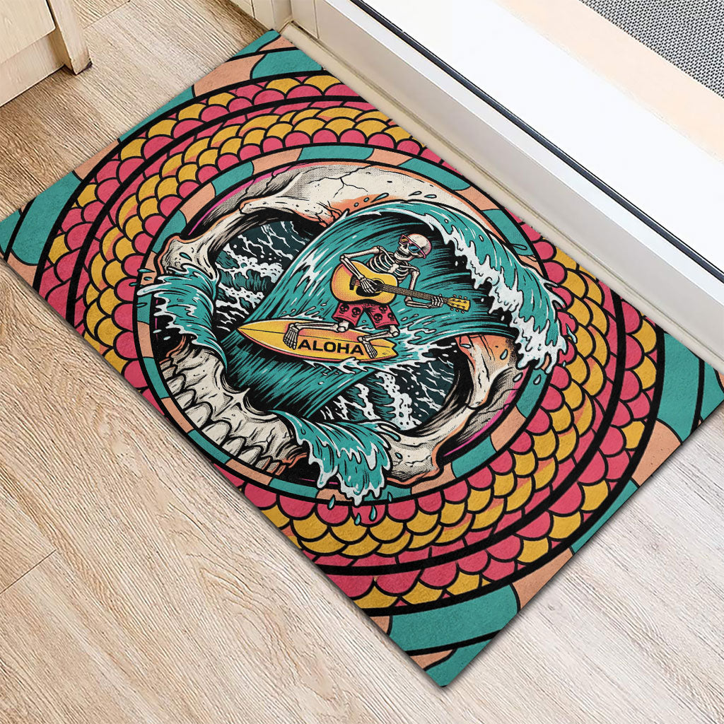 3D Illusion Surfing Skull Aloha Halloween Rubber Doormat Tropical Guitarist Bones Wave DT05 - Polynesian Pride