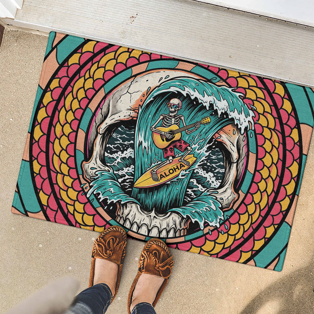 3D Illusion Surfing Skull Aloha Halloween Rubber Doormat Tropical Guitarist Bones Wave DT05 - Polynesian Pride