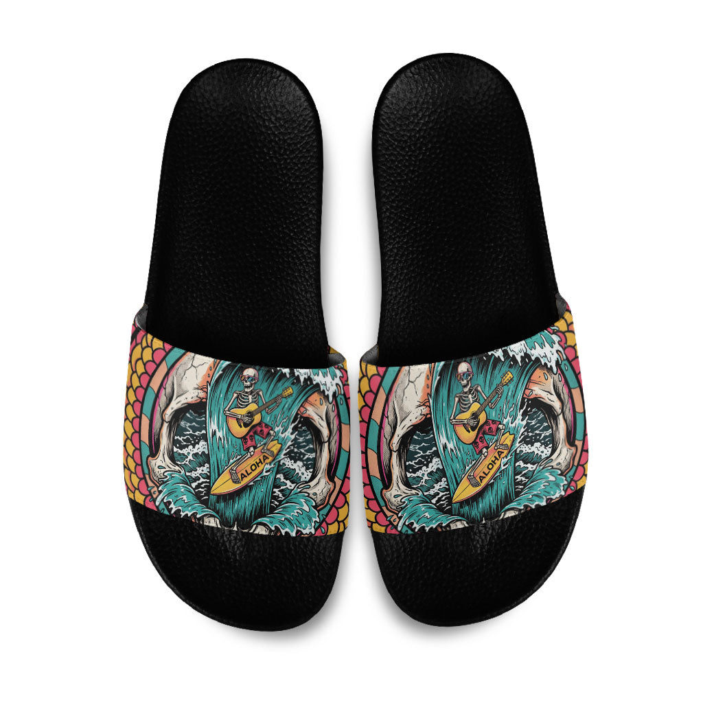 3D Illusion Surfing Skull Aloha Halloween Slide Sandals Tropical Guitarist Bones Wave DT05 Blue - Polynesian Pride