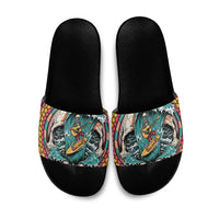 3D Illusion Surfing Skull Aloha Halloween Slide Sandals Tropical Guitarist Bones Wave DT05 Blue - Polynesian Pride