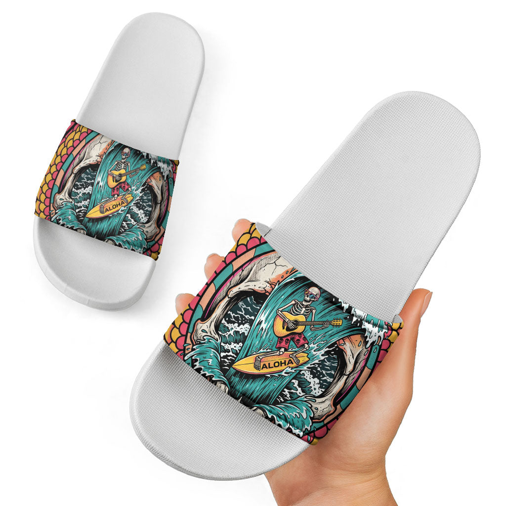 3D Illusion Surfing Skull Aloha Halloween Slide Sandals Tropical Guitarist Bones Wave DT05 - Polynesian Pride