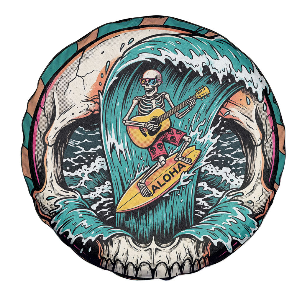 3D Illusion Surfing Skull Aloha Halloween Spare Tire Cover Tropical Guitarist Bones Wave DT05 - Polynesian Pride