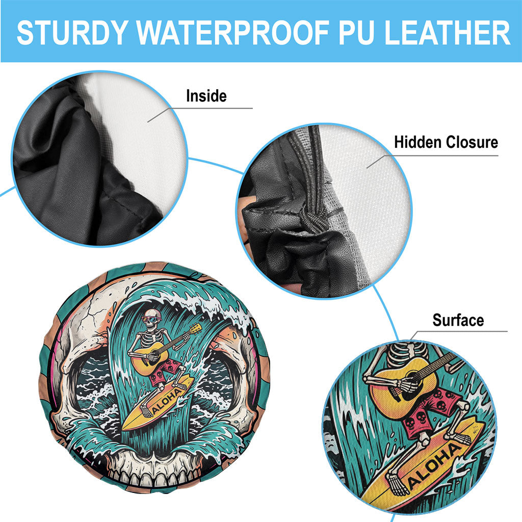 3D Illusion Surfing Skull Aloha Halloween Spare Tire Cover Tropical Guitarist Bones Wave DT05 - Polynesian Pride