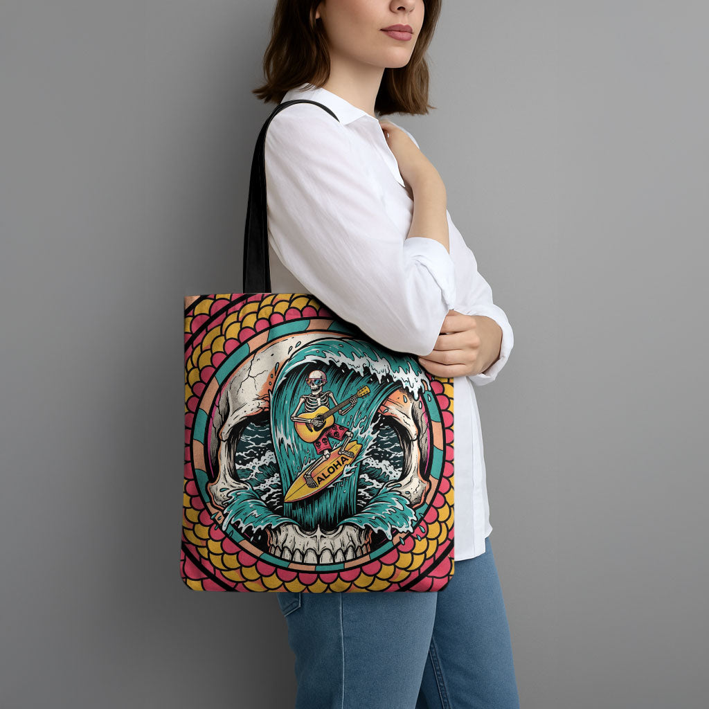 3D Illusion Surfing Skull Aloha Halloween Tote Bag Tropical Guitarist Bones Wave DT05 - Polynesian Pride